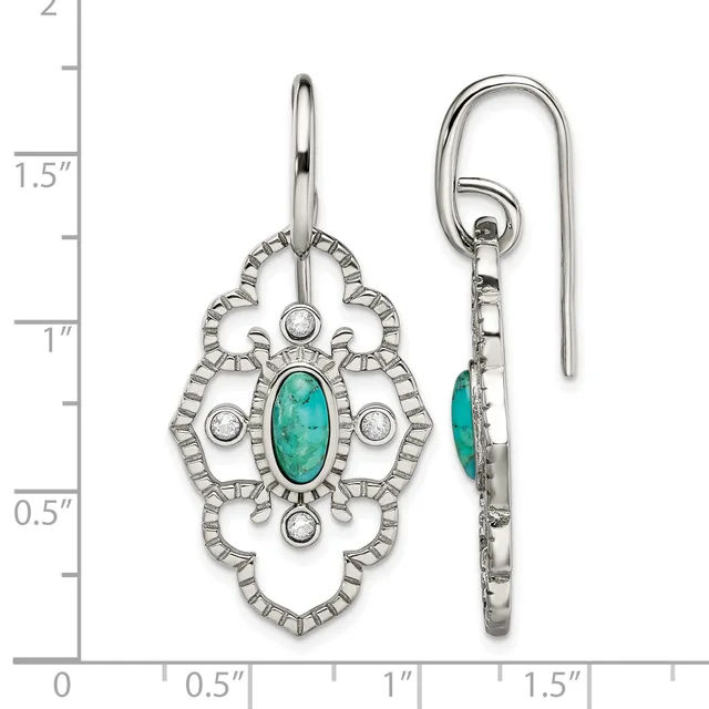 Pair of silver earrings with ornate filigree designs featuring turquoise oval cabochons in the center and round white stone accents, shown front and back views with a measurement scale.