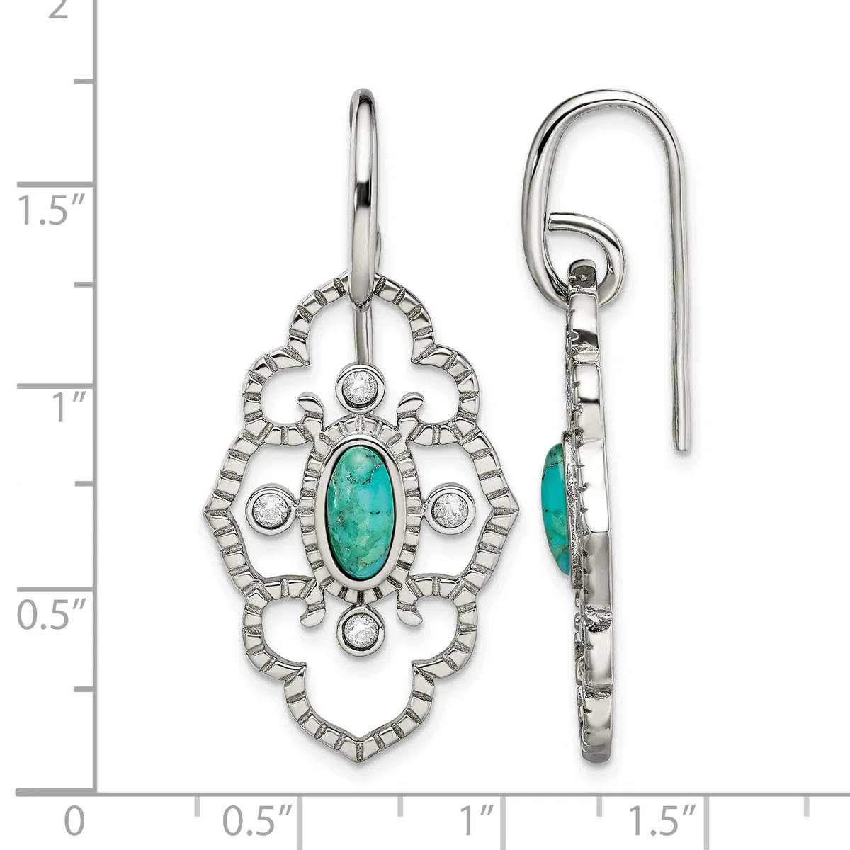Pair of silver earrings with ornate filigree designs featuring turquoise oval cabochons in the center and round white stone accents, shown front and back views with a measurement scale.