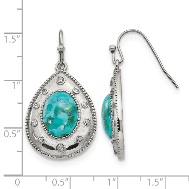 A pair of teardrop-shaped silver earrings with turquoise cabochon centers surrounded by beaded borders, shown from front and side views with a measurement scale.