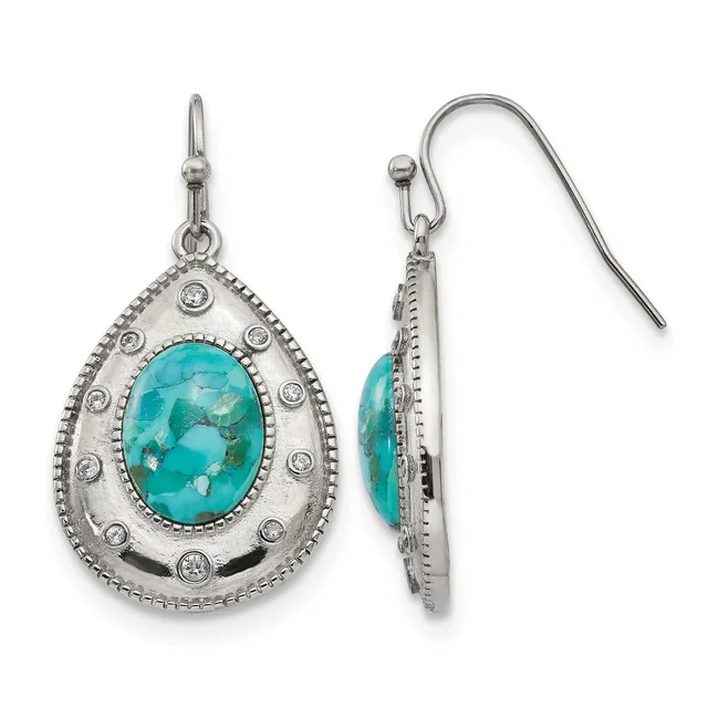 A pair of silver teardrop earrings with turquoise cabochon centers surrounded by small cubic zirconia stones, shown from front and side views.