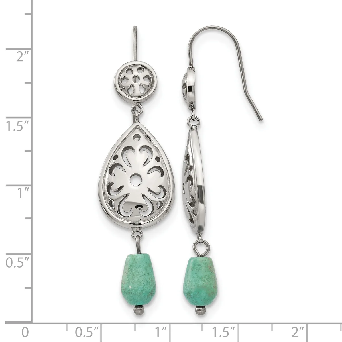 Pair of silver filigree teardrop earrings with green stone drops, shown on a measurement scale indicating approximately two inches in length.