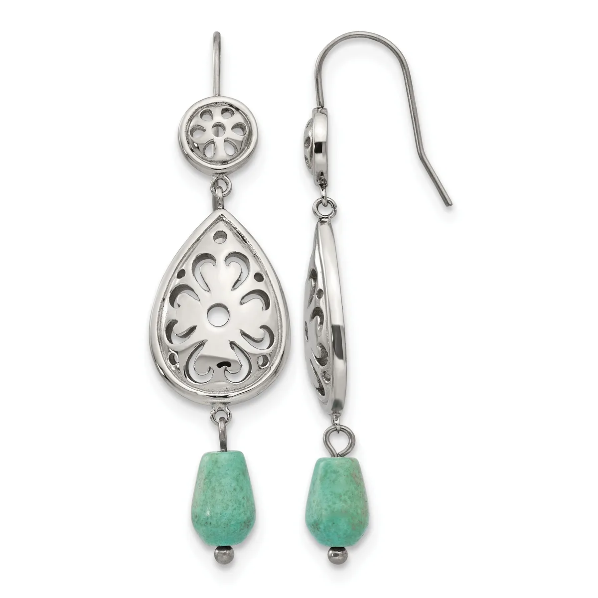Pair of silver filigree teardrop earrings with small round filigree tops, featuring green stone beads at the bottom, shown from front and side views.