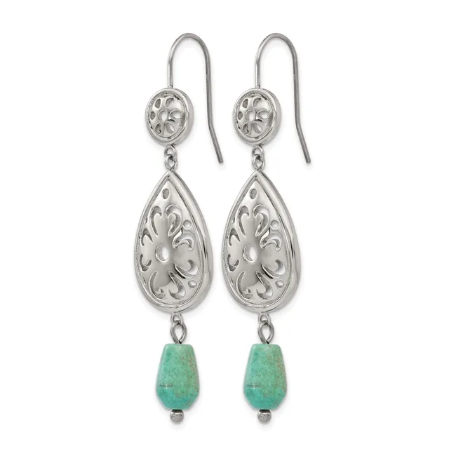 Pair of silver filigree dangle earrings with teardrop-shaped ornamental elements and green stone beads suspended from curved ear wires.