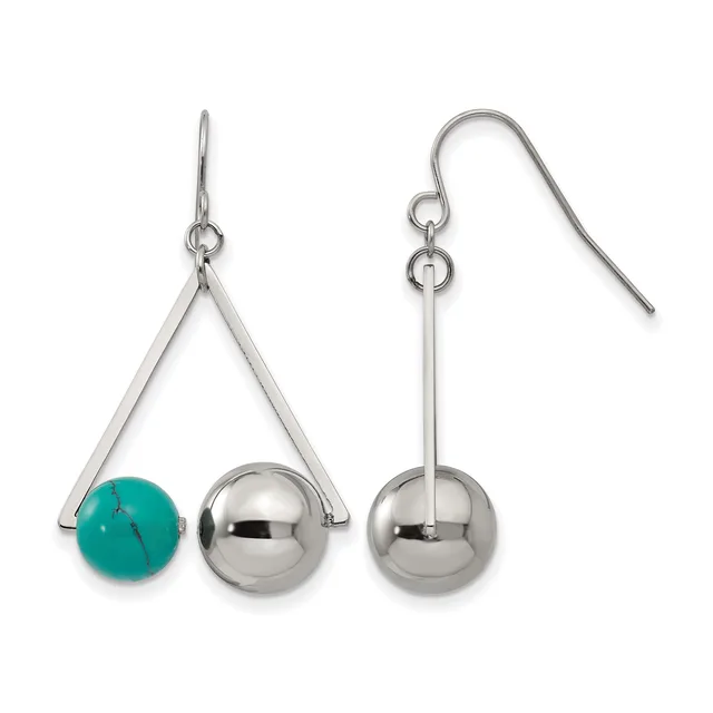 A pair of silver-toned earrings with turquoise and silver spherical beads suspended from triangular and straight metal frameworks with fish hook closures.