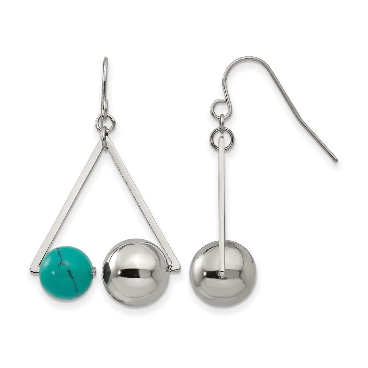 A pair of silver-toned earrings with turquoise and silver spherical beads suspended from triangular and straight metal frameworks with fish hook closures.