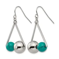 Pair of silver-toned dangling earrings with triangular frames each holding a polished silver ball and turquoise stone bead.
