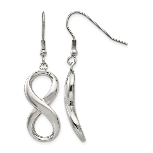A pair of silver-toned infinity symbol earrings with fish hook wire backs, shown from front and side views.