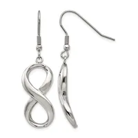 A pair of silver-toned infinity symbol earrings with fish hook wire backs, shown from front and side views.