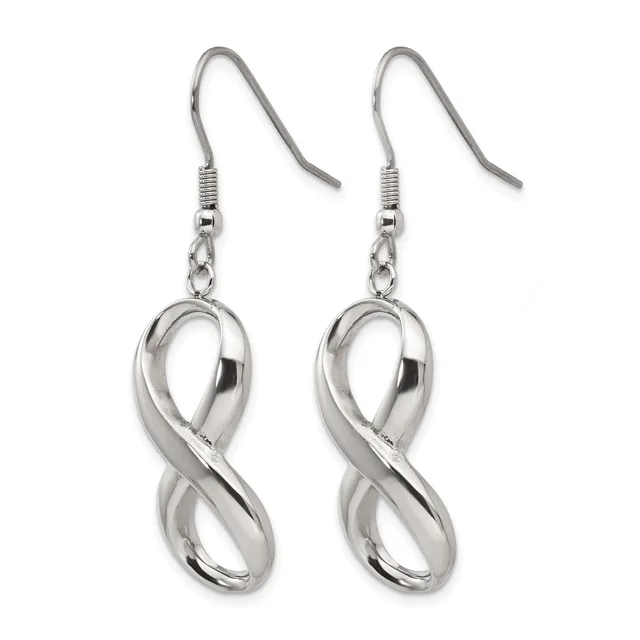 A pair of silver-toned infinity symbol earrings with fishhook ear wires, shown against a white background.