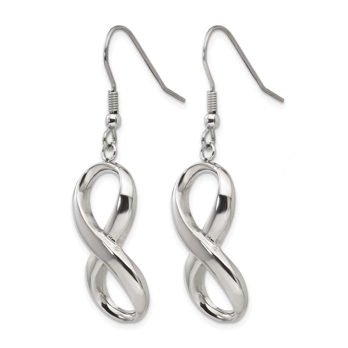 A pair of silver-toned infinity symbol earrings with fishhook ear wires, shown against a white background.