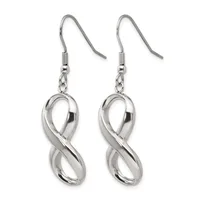 A pair of silver-toned infinity symbol earrings with fishhook ear wires, shown against a white background.