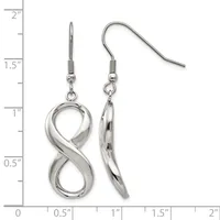A pair of silver-toned infinity symbol dangle earrings with fish hook closures, displayed next to a ruler showing them measuring approximately one inch long.
