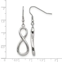 A pair of silver-toned infinity symbol dangle earrings with fish hook ear wires, displayed next to a ruler showing approximately two inches in length.