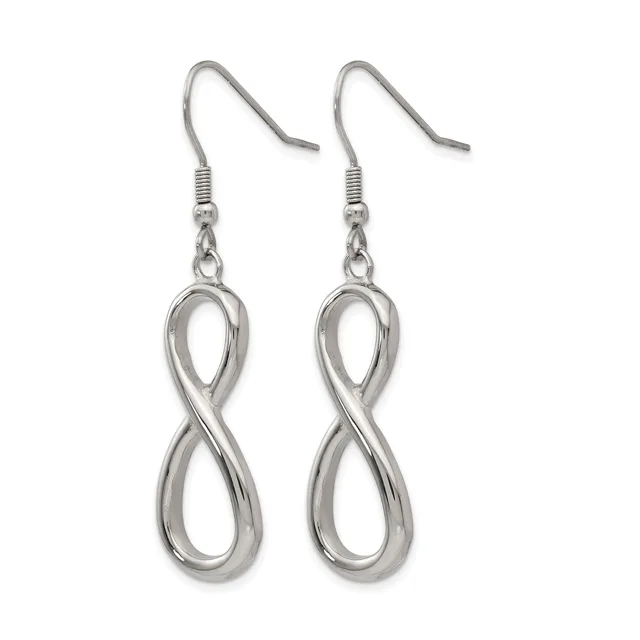 A pair of silver-toned infinity symbol earrings with French wire hooks, displayed against a white background.