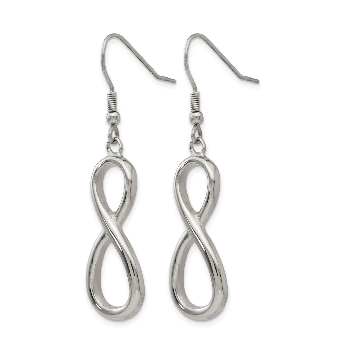 A pair of silver-toned infinity symbol earrings with French wire hooks, displayed against a white background.