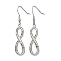 A pair of silver-toned infinity symbol earrings with French wire hooks, displayed against a white background.