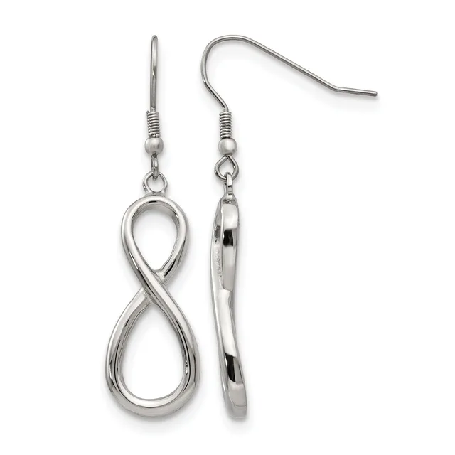 A pair of silver-toned infinity symbol dangle earrings with fish hook ear wires, shown from front and back views.