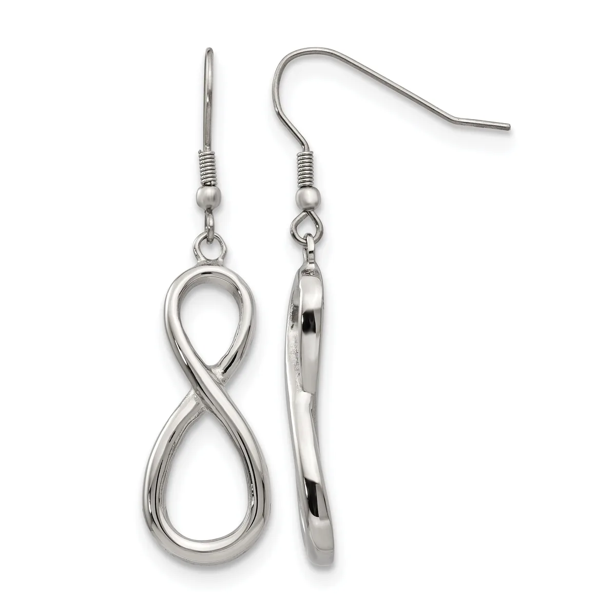 A pair of silver-toned infinity symbol dangle earrings with fish hook ear wires, shown from front and back views.