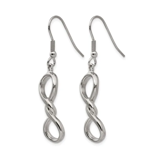 A pair of silver-toned drop earrings with fish hook wires featuring twisted infinity symbol pendants.