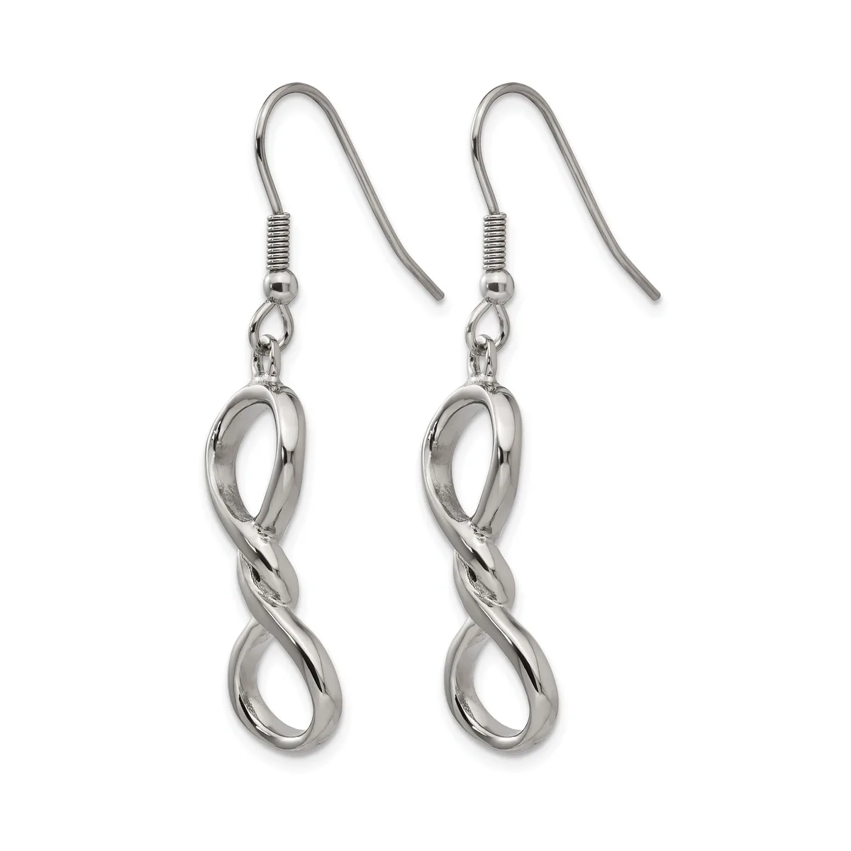 A pair of silver-toned drop earrings with fish hook wires featuring twisted infinity symbol pendants.