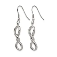 A pair of silver-toned drop earrings with fish hook wires featuring twisted infinity symbol pendants.