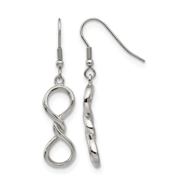 A pair of silver-toned earrings with infinity symbol and twisted bar designs hanging from fish hook wires.