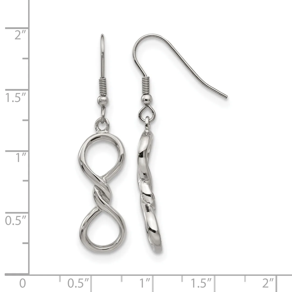 A pair of silver-toned earrings displayed against a measurement ruler, featuring twisted and looped designs on fishhook wires.