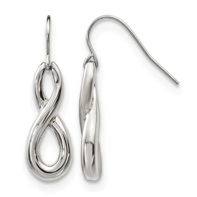 A pair of polished silver double loop drop earrings with fish hook wires, shown from the front and side view.