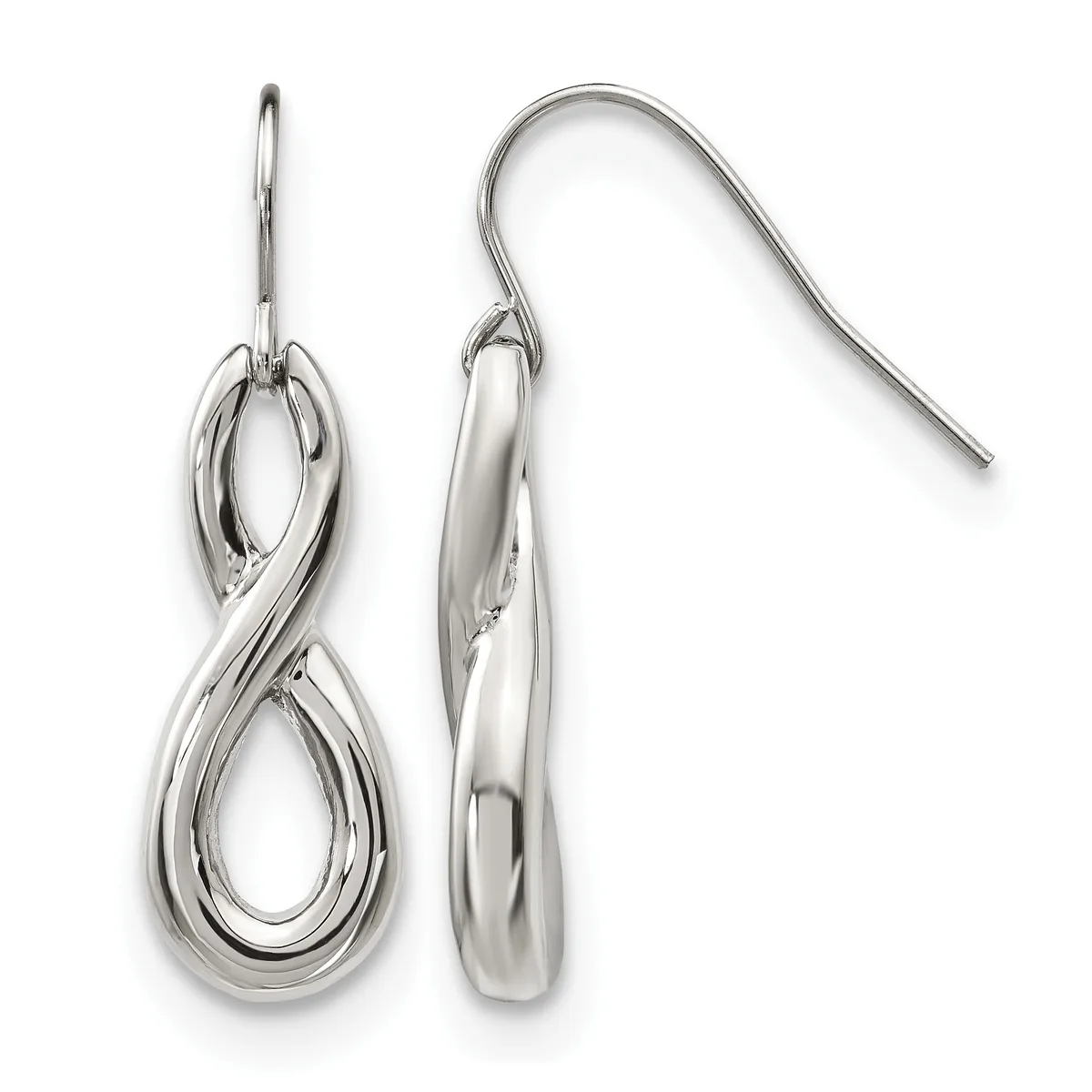 A pair of polished silver double loop drop earrings with fish hook wires, shown from the front and side view.