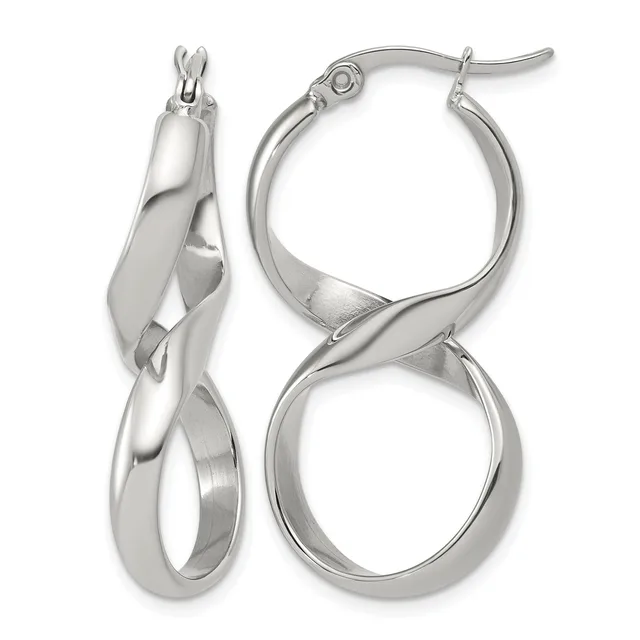 Pair of polished silver twisted hoop earrings with post and hinged closures, shown from front and side angles.