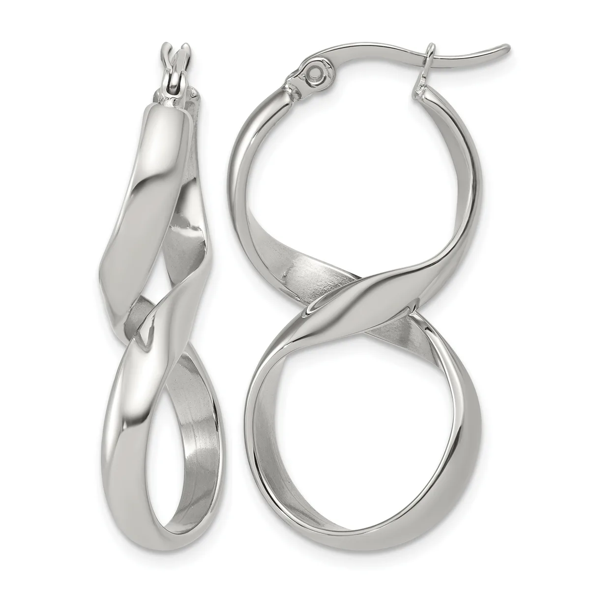 Pair of polished silver twisted hoop earrings with post and hinged closures, shown from front and side angles.