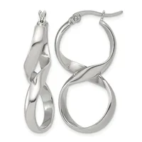 Pair of polished silver twisted hoop earrings with post and hinged closures, shown from front and side angles.