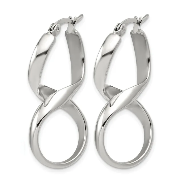 A pair of polished silver twisted hoop earrings with post and clutch closures, displayed against a white background.