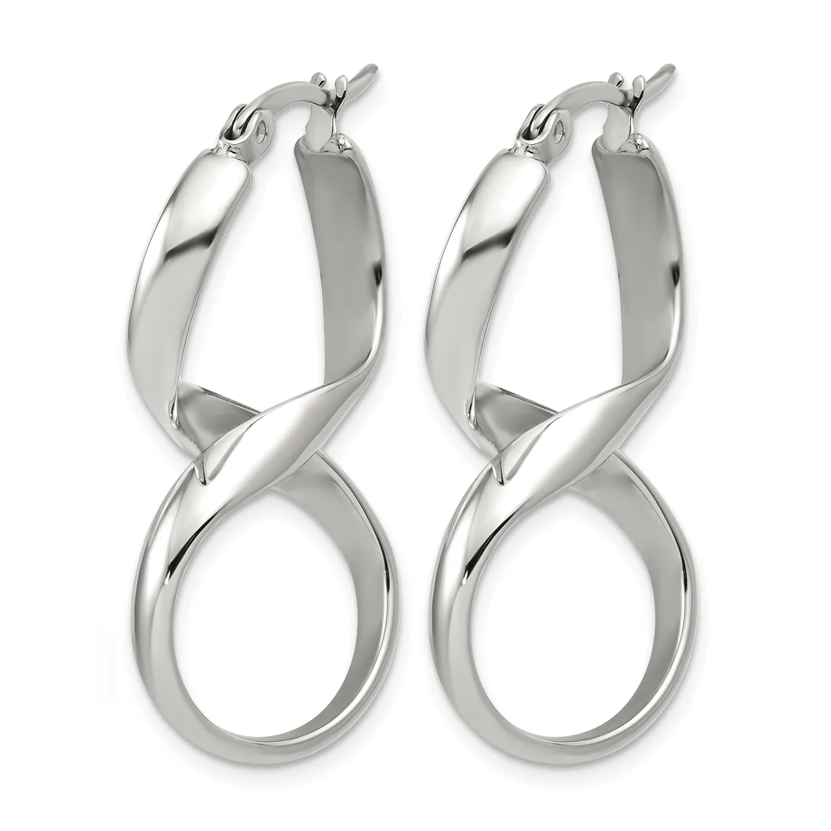 A pair of polished silver twisted hoop earrings with post and clutch closures, displayed against a white background.