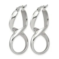 A pair of polished silver twisted hoop earrings with post and clutch closures, displayed against a white background.