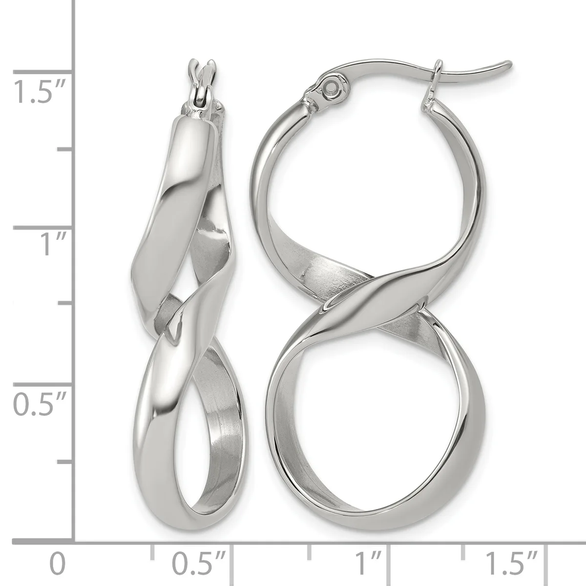 A pair of polished silver-toned twisted hoop earrings displayed next to a ruler showing they measure approximately 1.5 inches in length.