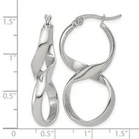 A pair of polished silver-toned twisted hoop earrings displayed next to a ruler showing they measure approximately 1.5 inches in length.