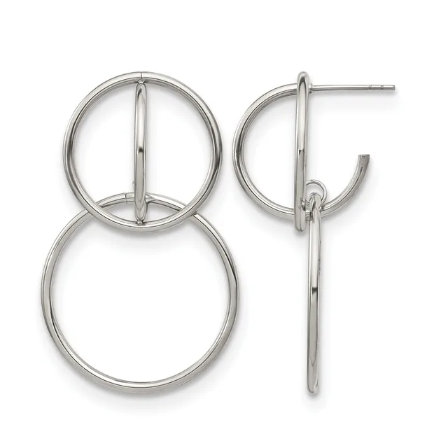 Pair of sterling silver earrings featuring two connected circles of different sizes on each earring, shown from front and side views.