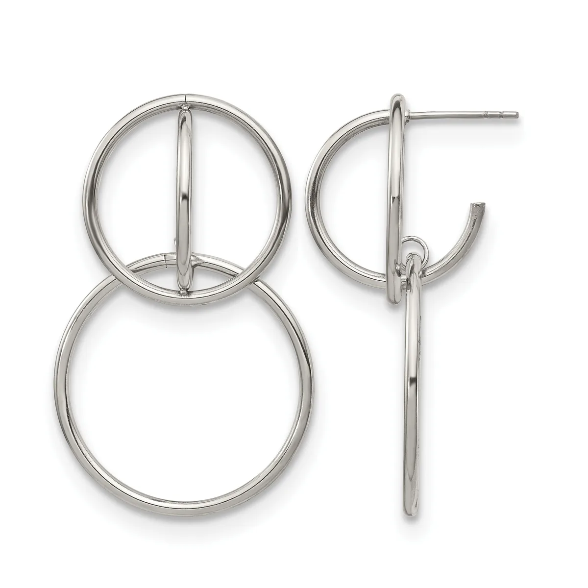 Pair of sterling silver earrings featuring two connected circles of different sizes on each earring, shown from front and side views.