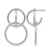 Pair of sterling silver earrings featuring two connected circles of different sizes on each earring, shown from front and side views.