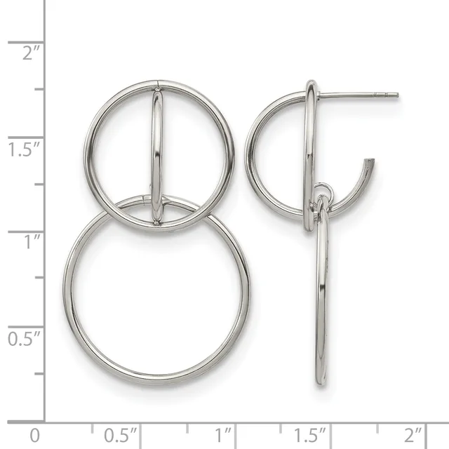 Silver-toned stacked circle earrings with posts and backs, displayed against a ruler showing approximately two inches in height.