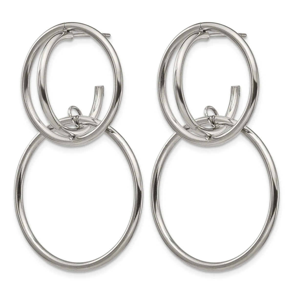 Pair of polished silver-tone metal double oval hoop earrings with hinged closures, shown against a white background.