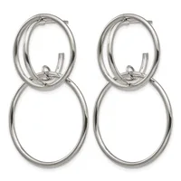 Pair of polished silver-tone metal double oval hoop earrings with hinged closures, shown against a white background.