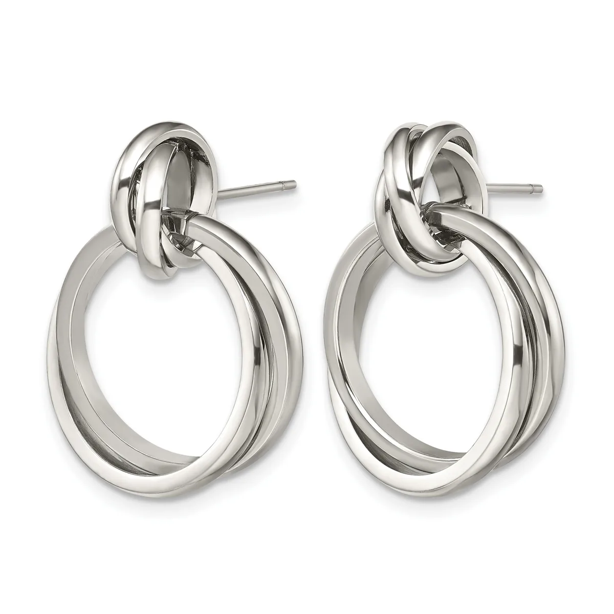 Pair of polished silver-toned metal double-ring drop earrings with post and friction-back closures, shown from the front.