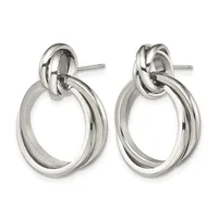 Pair of polished silver-toned metal double-ring drop earrings with post and friction-back closures, shown from the front.