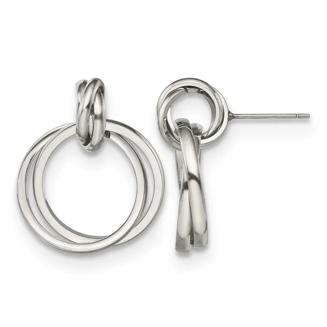 Pair of polished silver-tone double circle drop earrings with post and clutch backs, shown from the front.