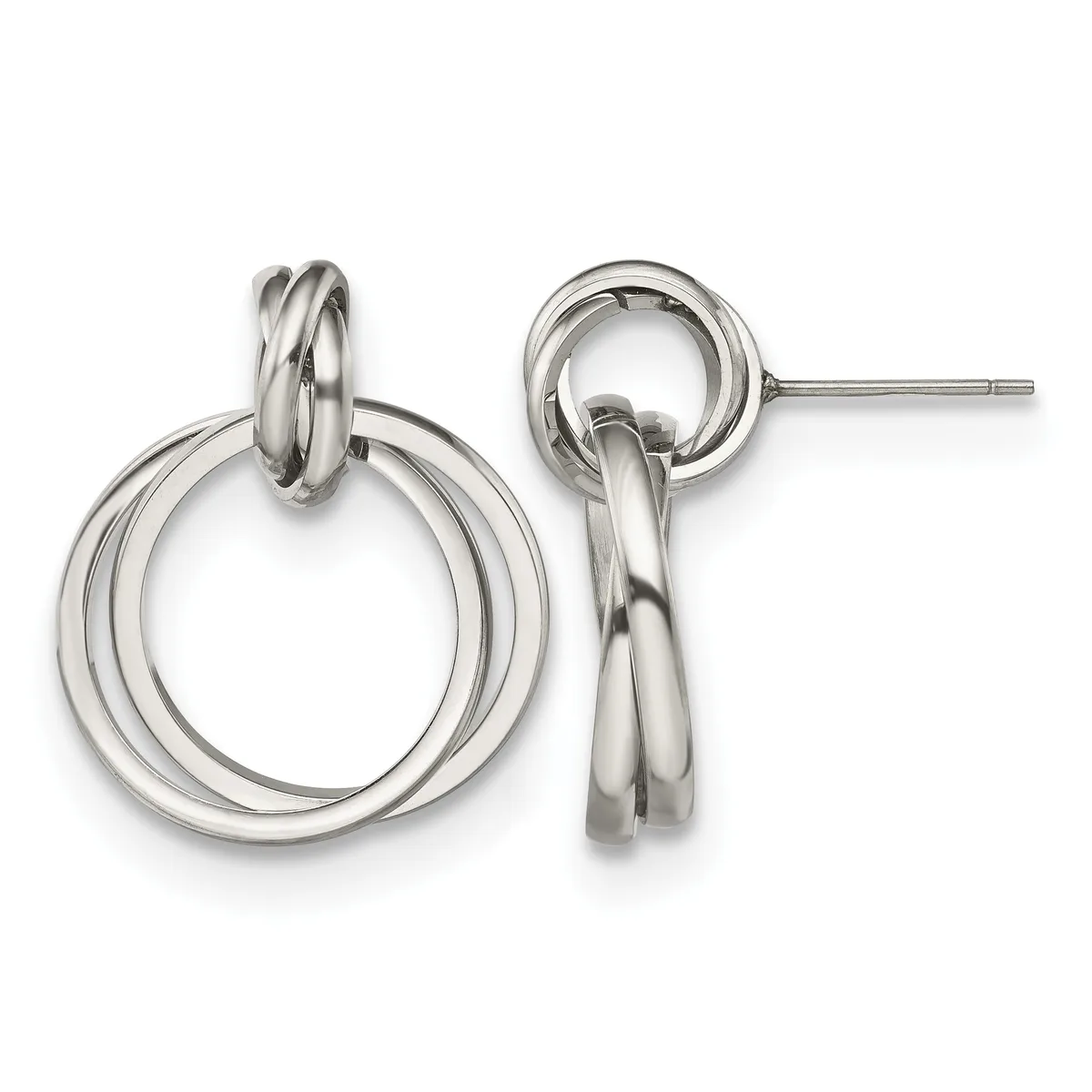 Pair of polished silver-tone double circle drop earrings with post and clutch backs, shown from the front.