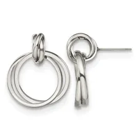 Pair of polished silver-tone double circle drop earrings with post and clutch backs, shown from the front.