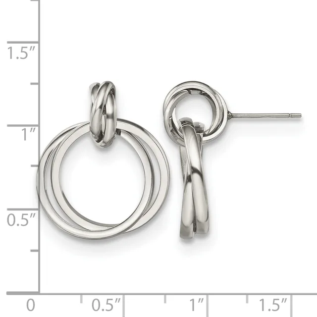 Two silver-toned double loop earrings with post backs displayed next to a measurement ruler showing they are approximately one inch in length.