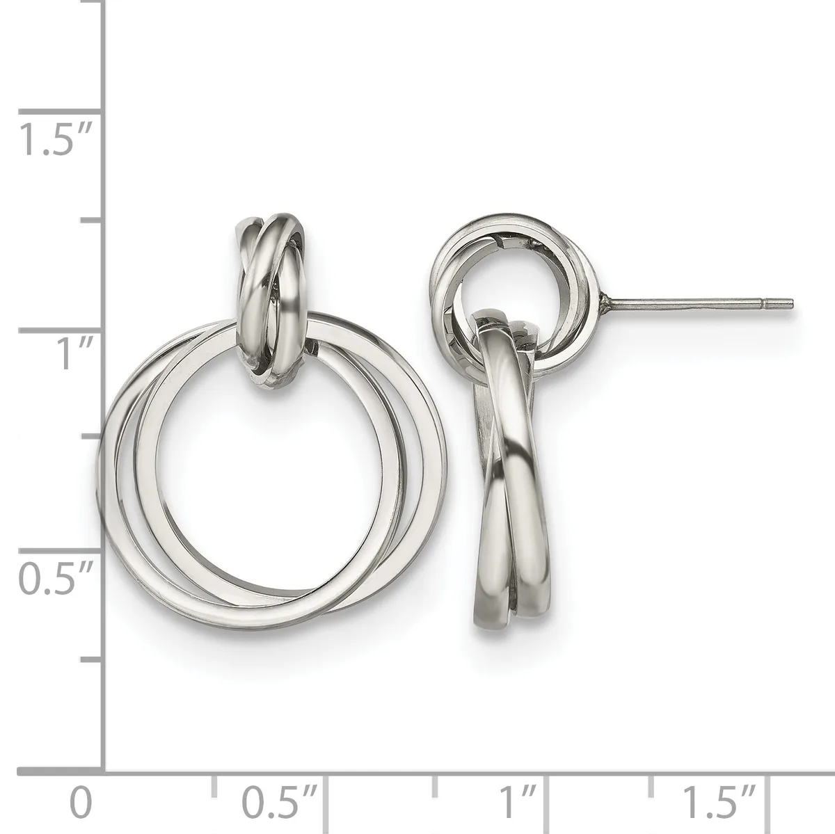 Two silver-toned double loop earrings with post backs displayed next to a measurement ruler showing they are approximately one inch in length.